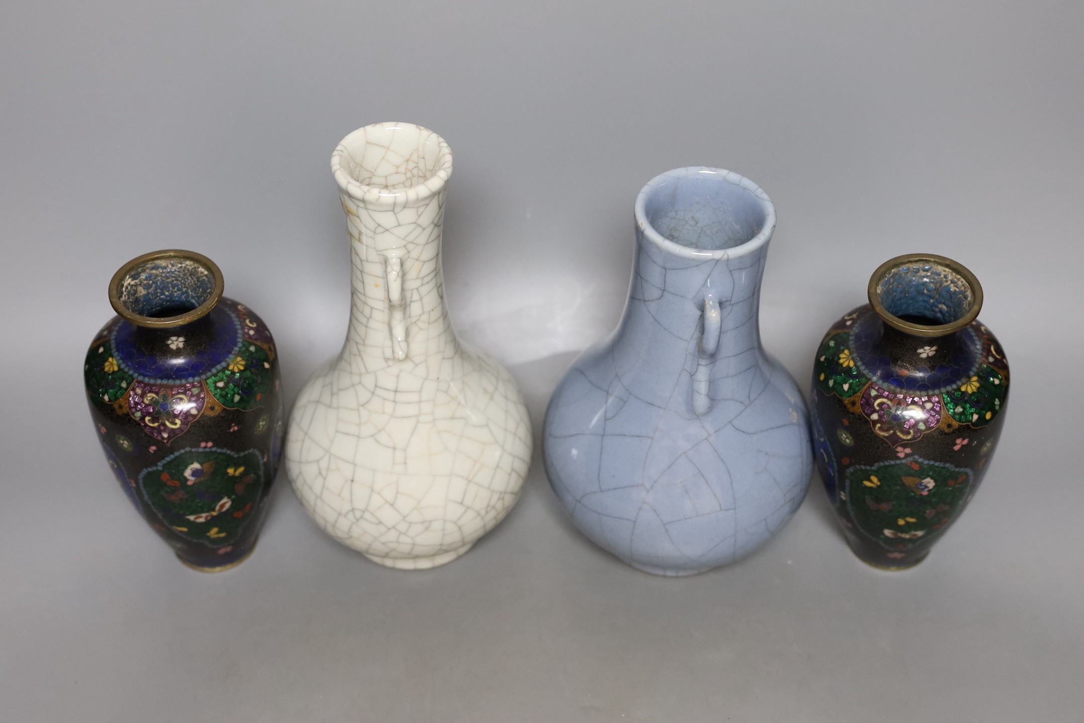 Two Chinese crackle glaze vases together with two Japanese cloisonné enamel vases (4) - tallest 24.5cm